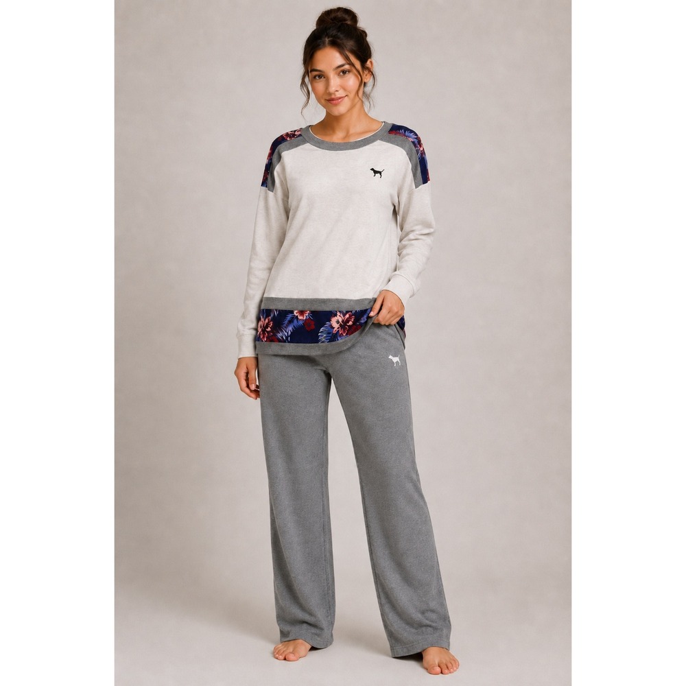 Pink‎ Victoria's Secret XS Sweatshirt White Gray Tropical Floral Love Pink Logo